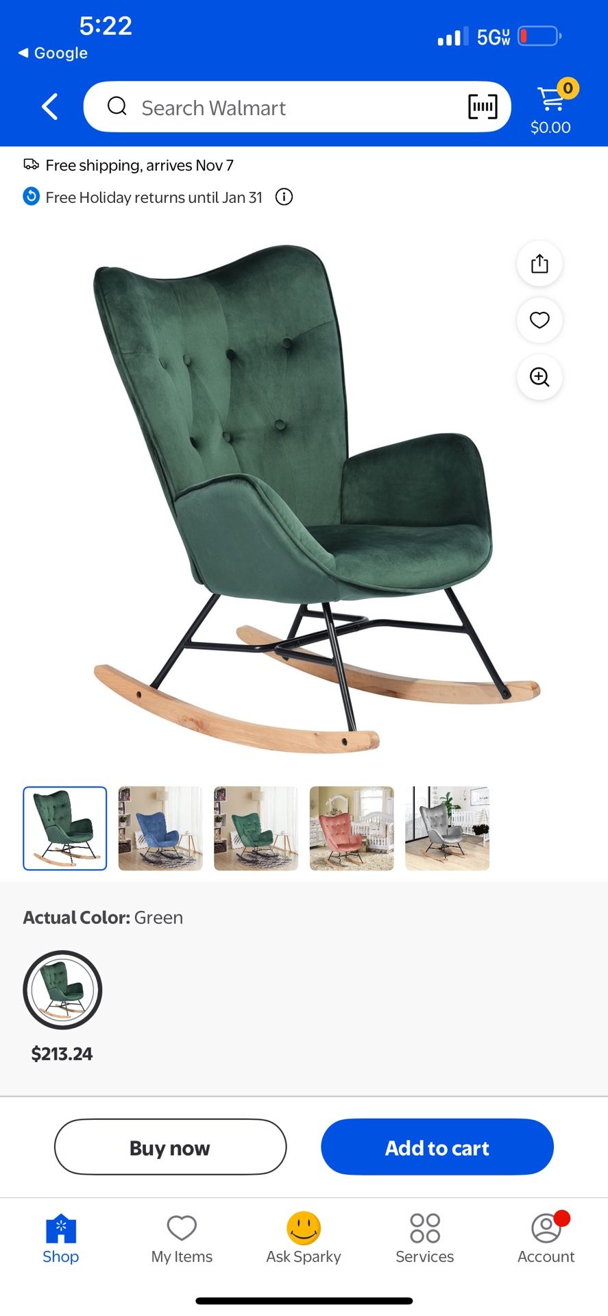 Green Tufted Rocking Chair with Metal Base Mid century Modern