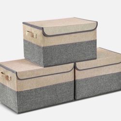 3Pcs Large Storage Bin w/ Lids Foldable Storage Box for Toys Clothes & Book Grey 15.7 x 11 x 9.84 inch