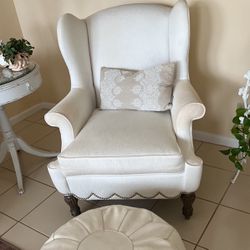 White Designer Wing Chair, And White Leather Ottoman