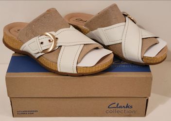 CLARKS Women's Sandals Size 8.5 Wide Off White, Reileigh May! White & Wicker Color ((contact info removed)) Leather Upper! Brand New in Box! Never Wor