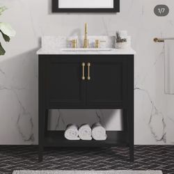 #22 Sherway 31 in W x 22 in D x 35 in H Single Sink Freestanding Bath Vanity in Black With White Carrara Marble Top