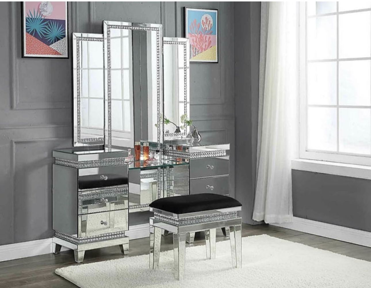 ACME furniture Lotus Mirrored Vanity Desk With Drawers Plus Vanity Stool And Light Up Floor Mirror