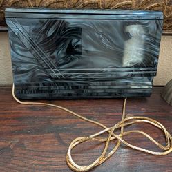 Mid Century Lucite Hard Case Marbled Gray Gold Tone Hardware Chain Purse