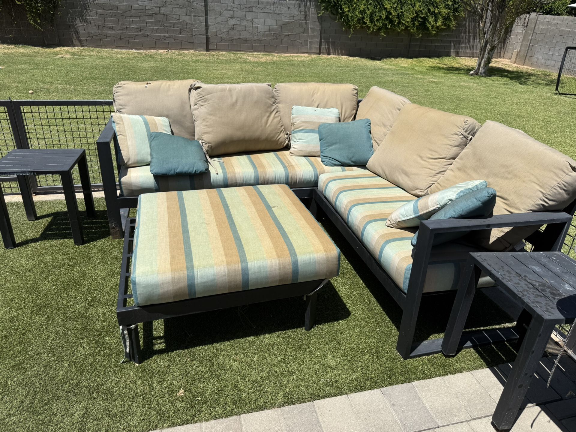 Az Iron Works Solid Iron Sectional, Ottoman And Side Tables With Sunbrella Cushions And Pillows