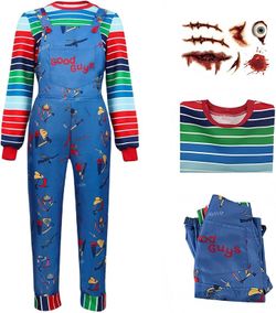 LIKE New Size XL 3 Piece Halloween Nightmare Killer Doll Cosplay Costumes Scary Rainbow Stripe Shirt
