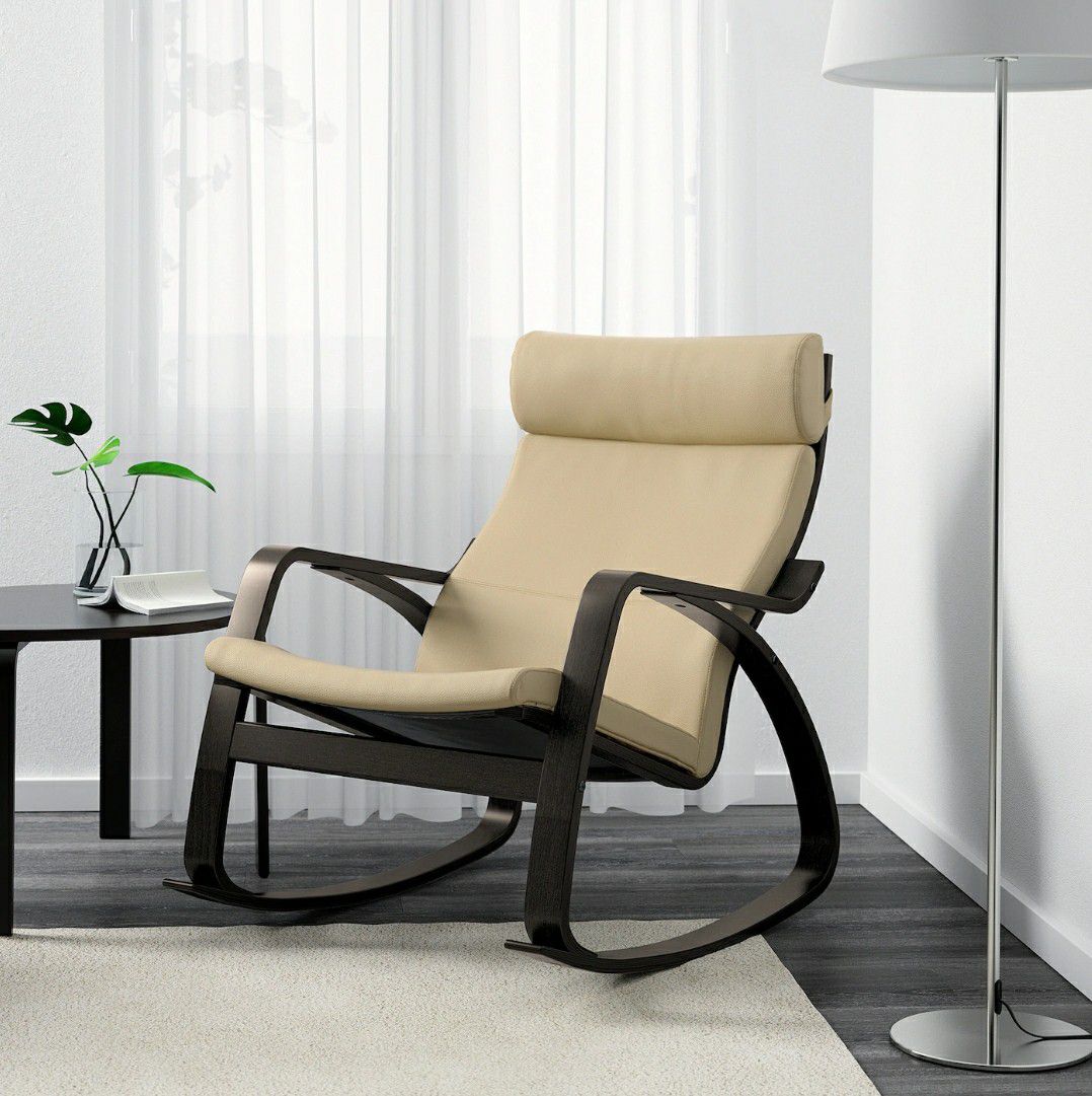 Ikea poang black-brown glose off white leather rocking chair.