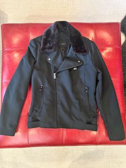 Zara Man Forest Green Moto Jacket with Faux Fur Collar