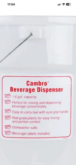 6-gallon white polyethylene beverage dispenser with red printed graduations and a faucet for serving