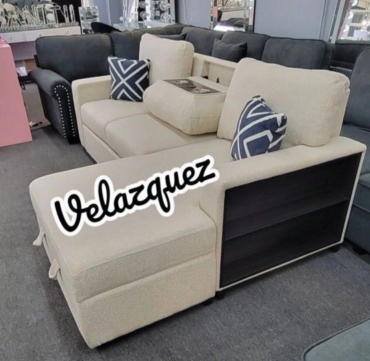 ✅️✅️2 pc Beige boucle fabric sectional sofa with pop up sleep area and storage chaise drop down tray table wireless charging✅️✅️