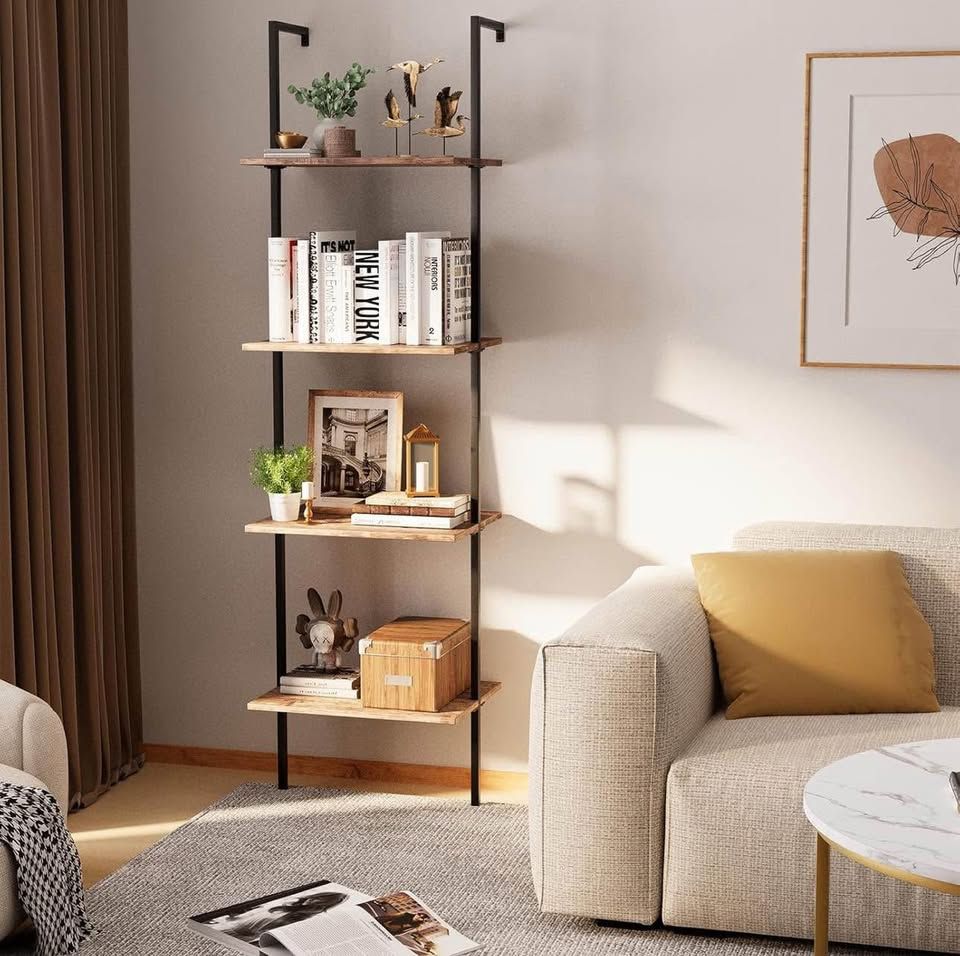   Ladder Shelf 4 Tiers Metal Industrial Bookshelf,Brown Wood Tall Open Storage Rack and Display Shelves,Wall Mount Wide Book Case 