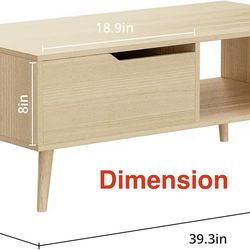 🥨DIYART Oak Coffee Table, Mid Century Modern Coffee Table with Drawer & Shelf, 39'' Wooden Simple Console Table for Living Room