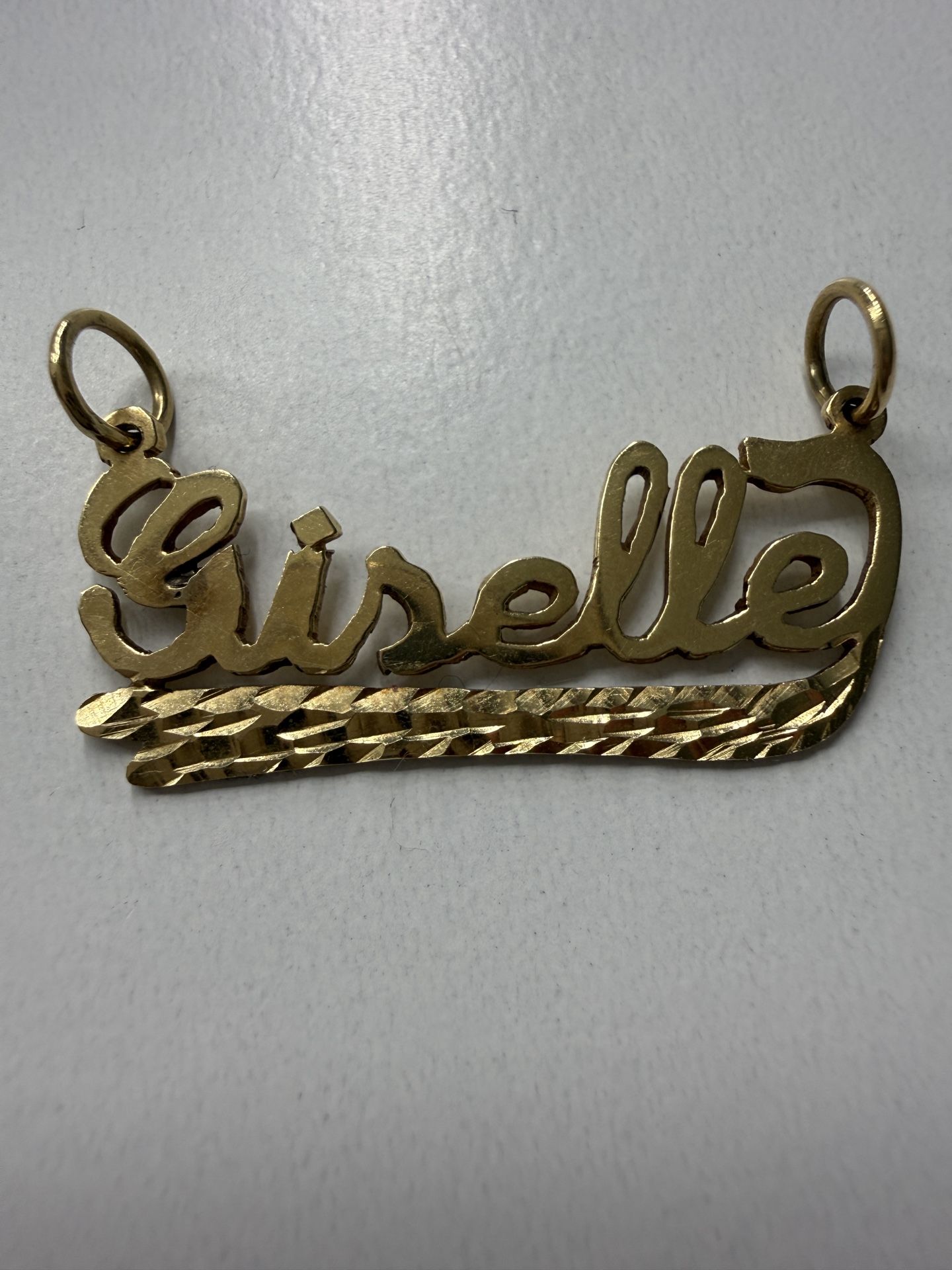 Real 14k Yellow Gold Diamond Cut Custom Name Plate Giselle Charm Pendant 0.75” Inches Tall 1.25” Wide 4mm Bail Opening