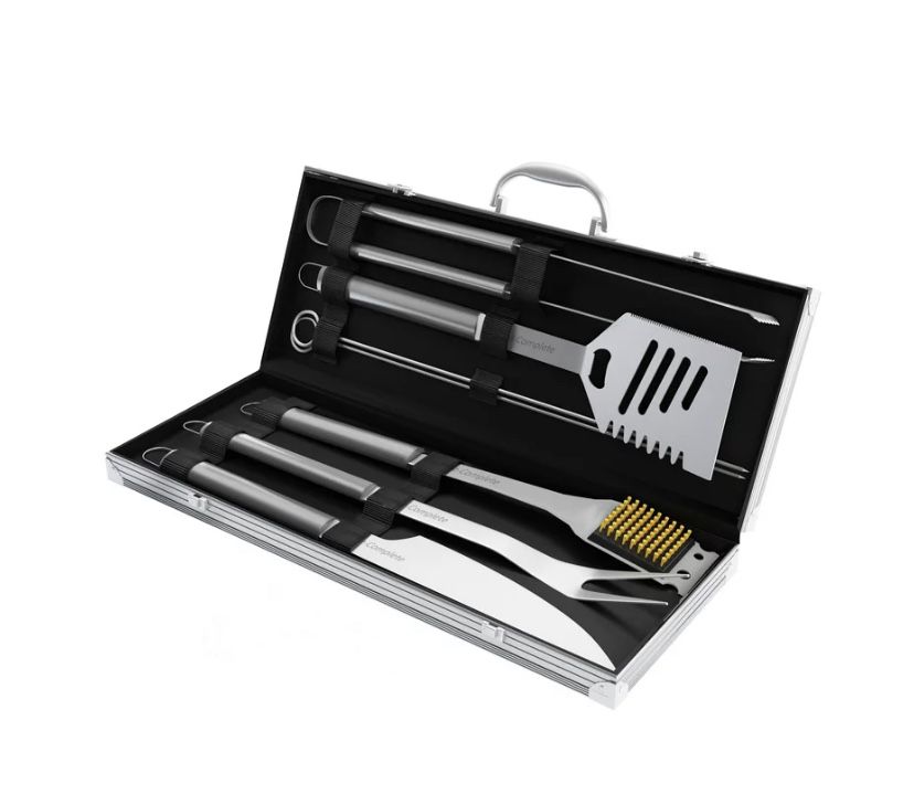 BBQ Grill Tool Set- Stainless Steel Barbecue Grilling Accessories Aluminum Storage Case, Includes Spatula, Tongs, Basting Brush