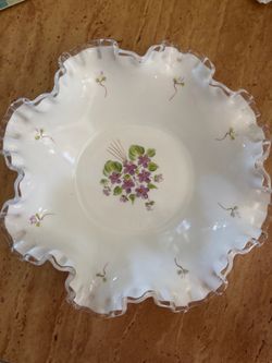 Fenton Milk Glass Ruffled Bowl with Violets