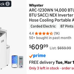 Whynter ARC-1230WN 14000 BTU Smart Portable Air Conditioner W/Dehumidifier NEW! 
