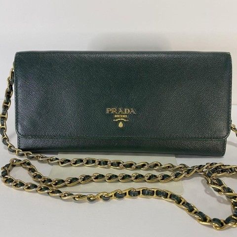 𝐏𝐫𝐚𝐝𝐚 Shoulder Bag Chain Wallet Saffiano Leather Dark Green