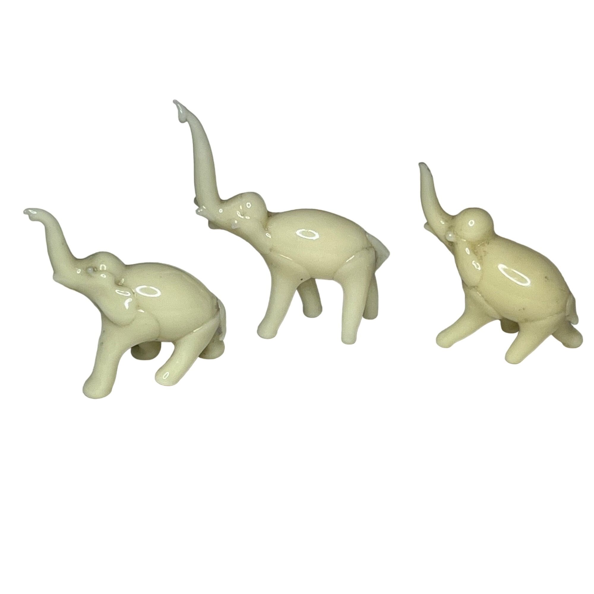 Vintage Set of 3 Glass Elephant Figurines Beige Trunks Up Lucky