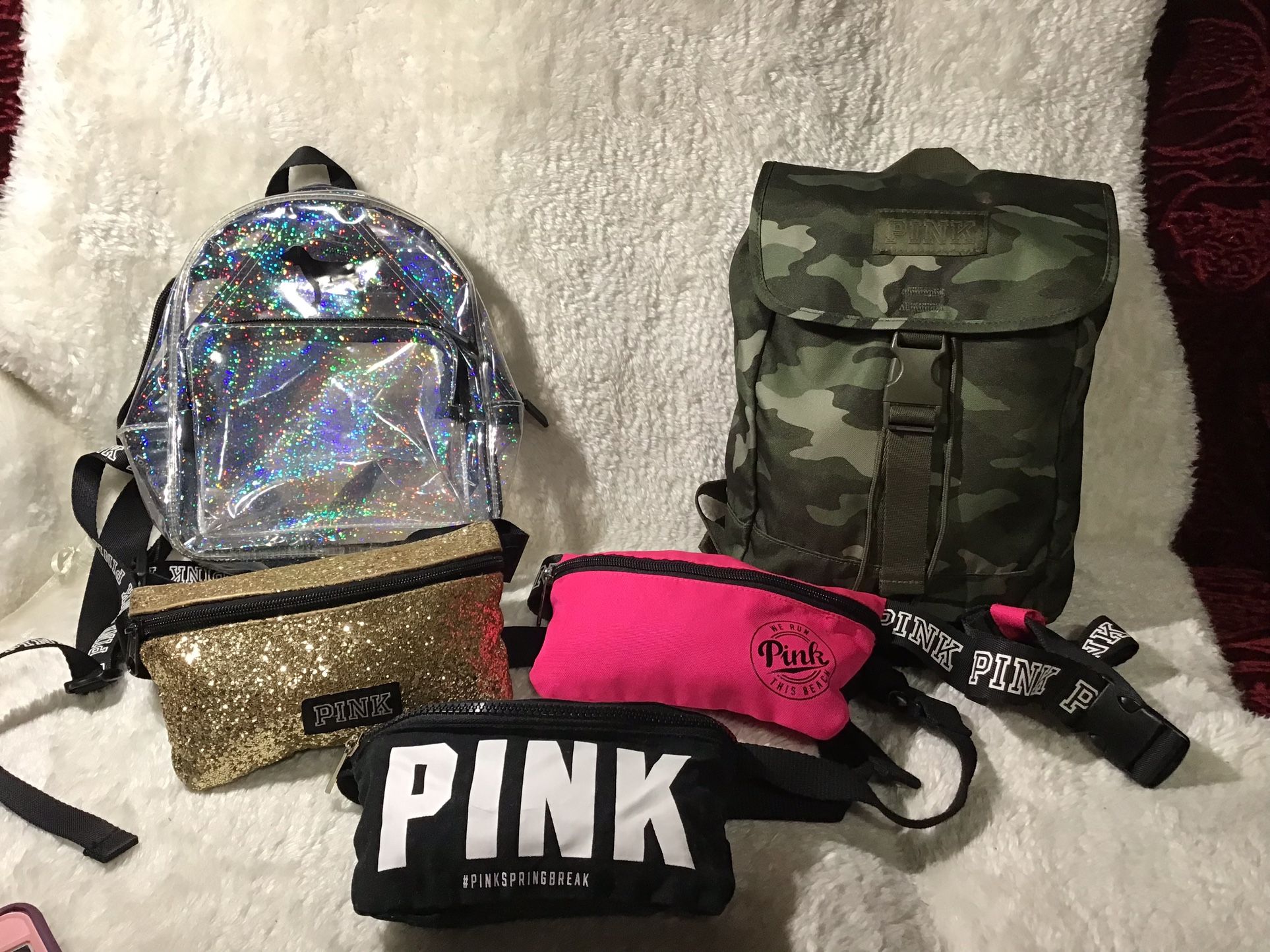 PINK VICTORIA SECRET^BACKPACK CAMO GREEN^MINI CLEAR BACKPACK^3 FANNY PACK ^BLACK-PINK-GLITTER/15 EACH