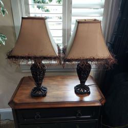 Pair Of Antiqued Bronze Lamps With Shades 
