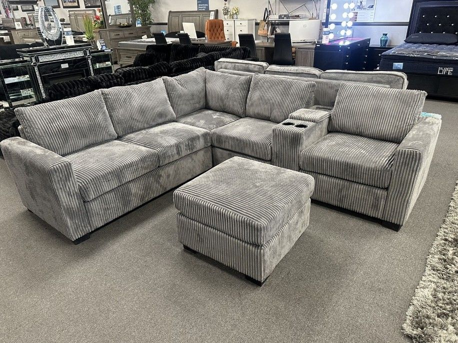 Dark Gray Corduroy sectional sofa with ottoman with console 