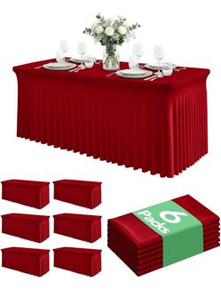 Spandex Table Cover Skirts with Floor-Length Ruffle, 6 ft, Red, 6 Pack For Elegant Wedding Banquet Party Buffet 6 foot Rectangle Folding Tables Decora