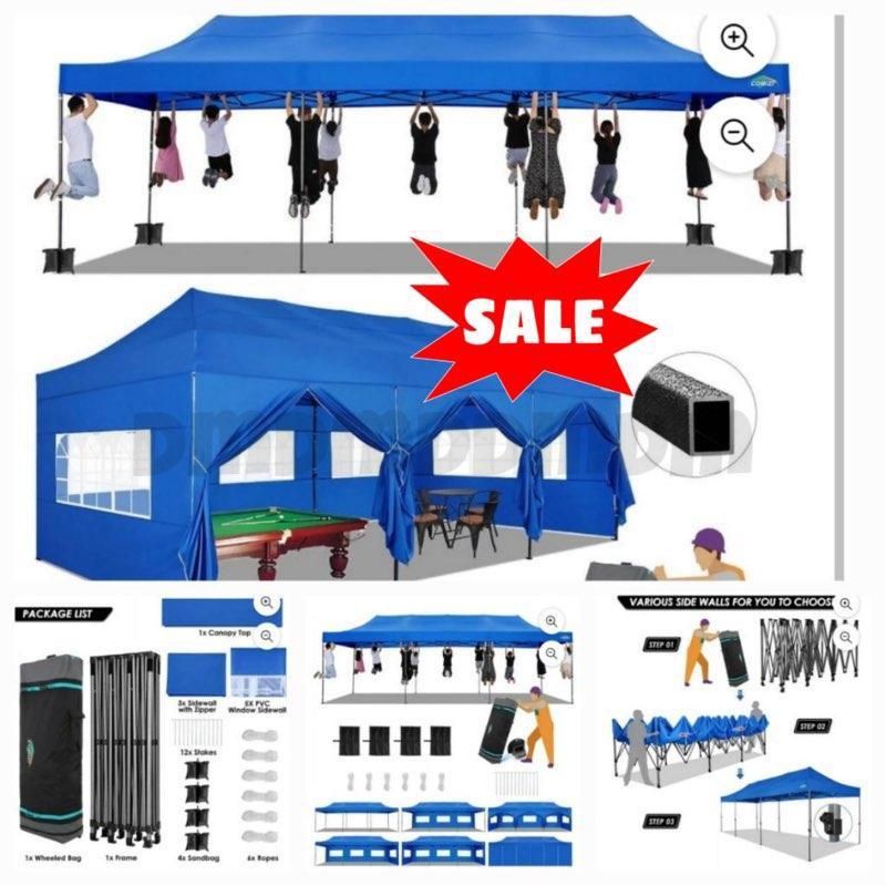 10´ x 30´ Pop Up Canopy Commercial Heavy Duty Tent Waterproof Outdoor Party Canopies with 8 Removable Sidewalls, Carrying Bag, 4 Stakes, 4 Ropes, Blue Sports & Outdoors