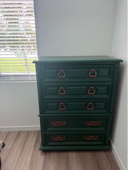 Vintage Emerald Green Tall Dresser / Chest – Brass Hardware