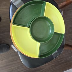 Vintage Ceramic Lazy Susan Serving Tray Wooden Base