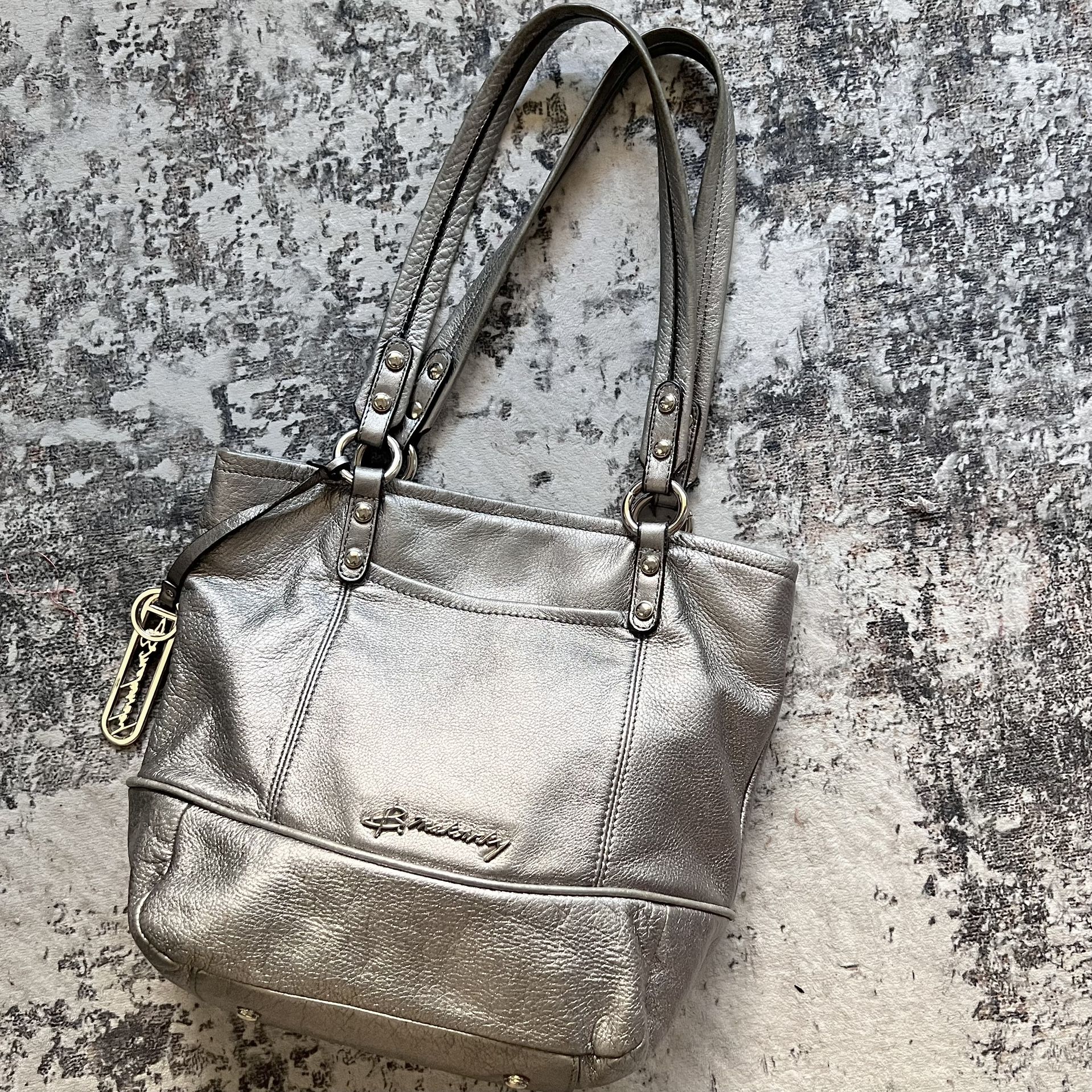 B Makowsky Metallic Leather Shoulder Bag Tote Silver