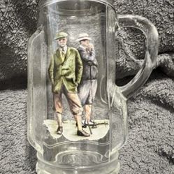 Vintage Golf Mug Clear Glass 2 Men Golfers Bag Shape Canada Gold Rim Beer Stein