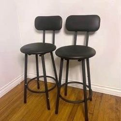 New Black Set of 2 PU Leather Upholstered Stools, High Barstools Counter Height,