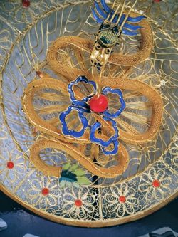 Chinese gold tone filigree enamel dragon plate with stand