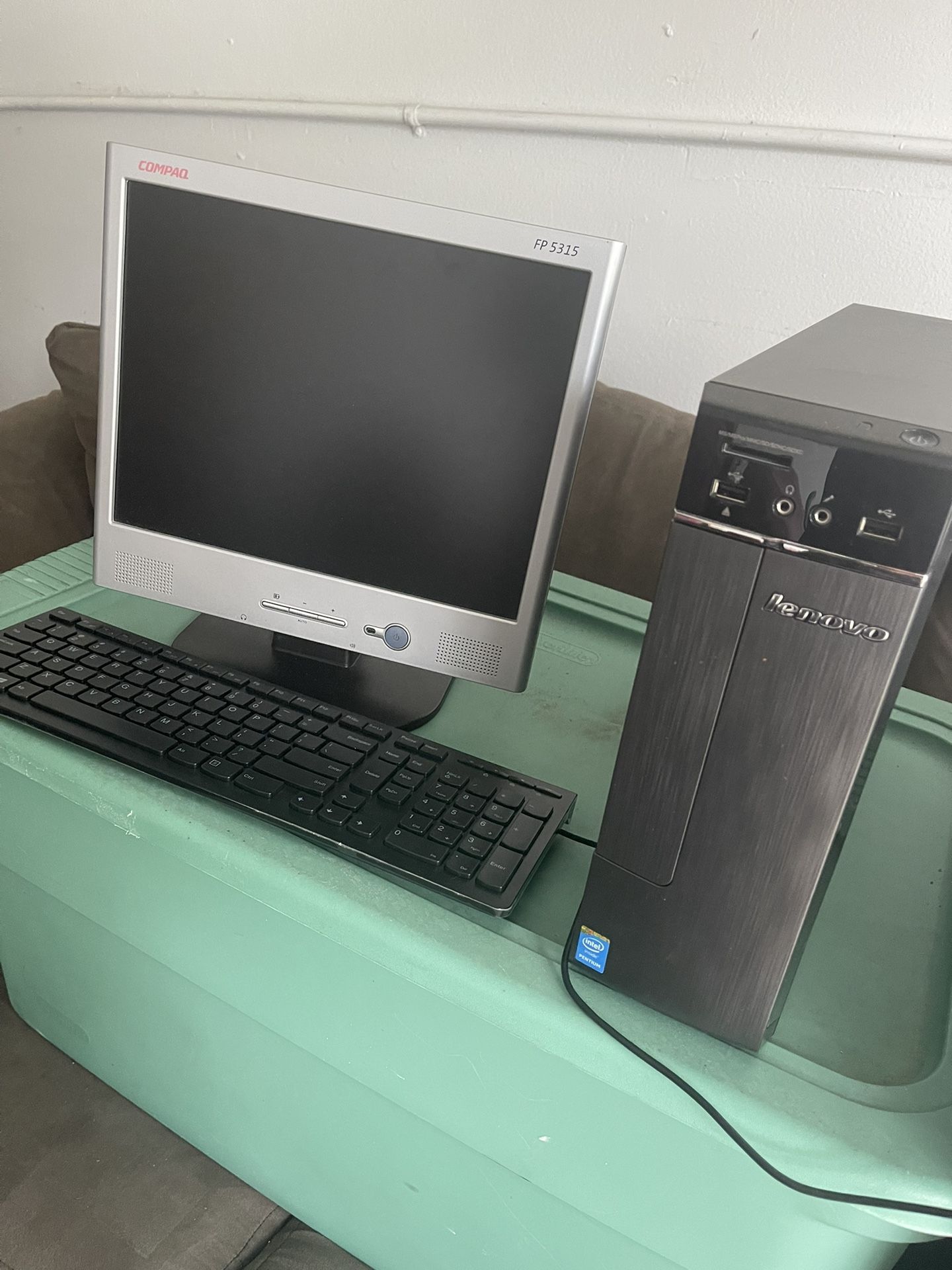 Compaq Monitor And Lenovo Tower With Keyboard And Mouse 