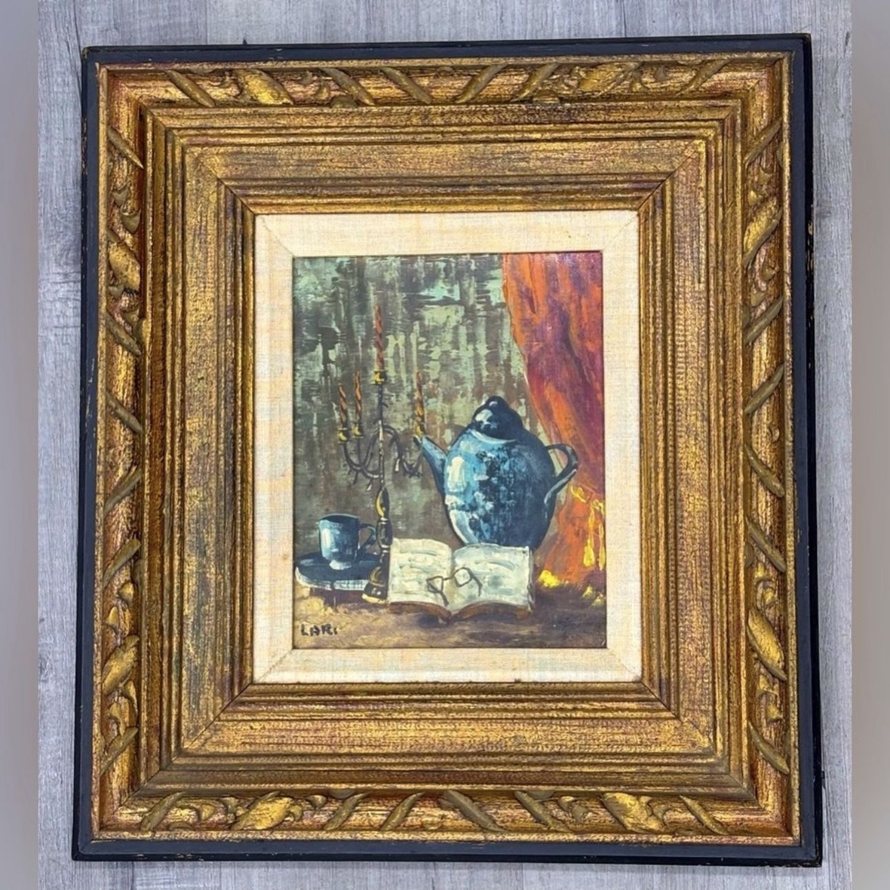 FRAMED Fine Original Art Oil Painting Artist LARI Vintage Los Angeles Antique History The Broadway Collectible Canvas Tea Pot Cup Candelabra Book Spe