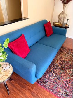Modern Blue Mid-Century Sofa with Tufted Back Cushions