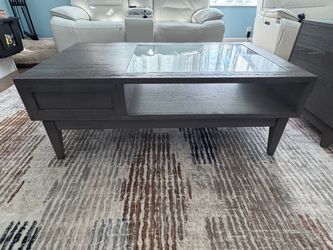 Grey Wood Coffee Table with Glass Top and Drawer with Matching Grey Wood Glass Top End Table