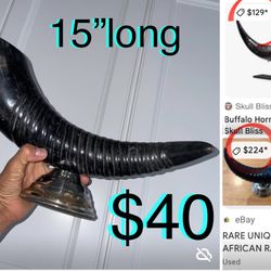 $40 Mid century Viking Horn table decor 15” long seat in a silver metal stand