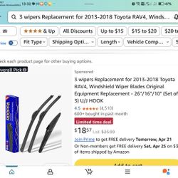 3 wipers Replacement for 2013-2018 Toyota RAV4, Windshield Wiper Blades Original Equipment Replacement - 26"/16"/10" (Set of 3) U/J HOOK