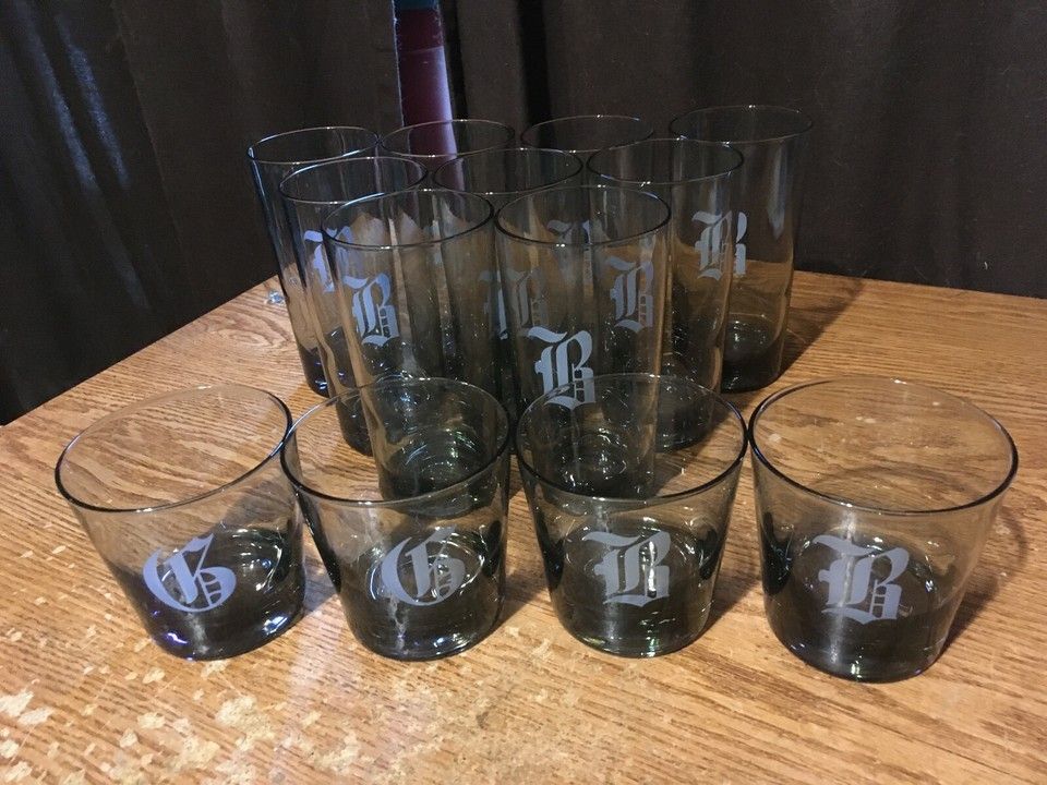 Lot Of 13 Glasses Nine Regular Glasses Four On The Rocks Glasses With The Letter B Or R On Them