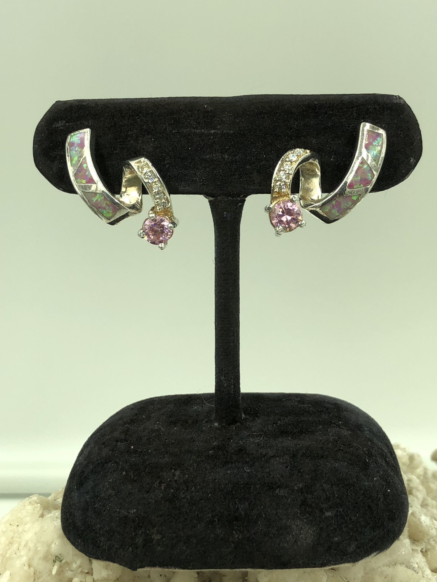 Silver Plated Pattern Inlaid Opal & CZ Ribbon Curl Design Earrings