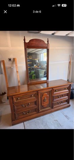 Wood Dresser with Mirror and Brass Hardware
