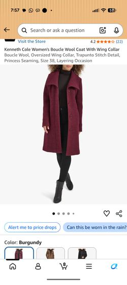 NWOT Kenneth Cole Women's Boucle Wool Coat With Wing Collar - Burgundy, Medium