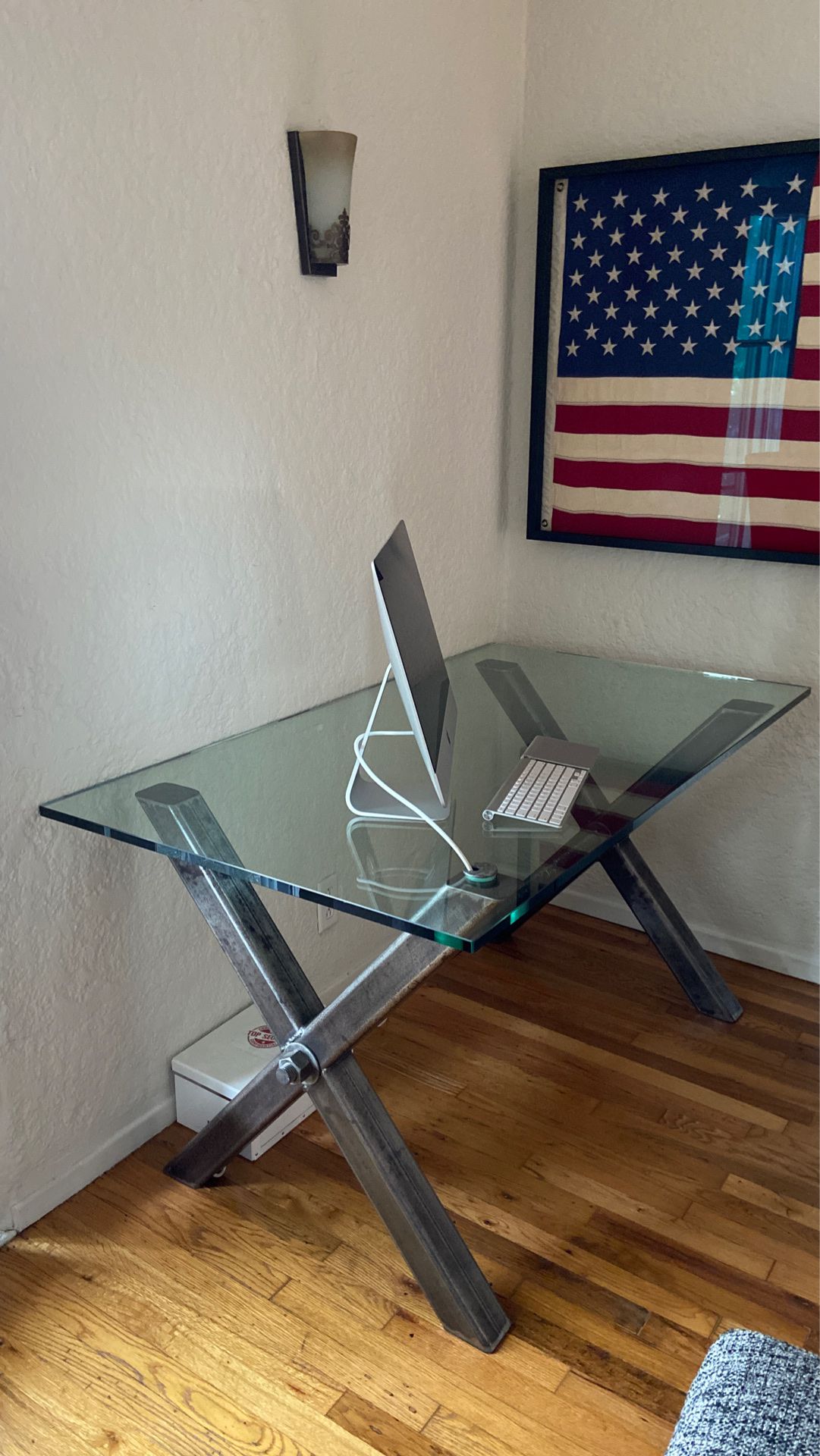 Custom Designed Modern Industrial Glass Top Metal X Base Desk