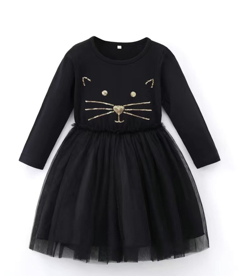 Girls' Black Embroidered Sequin Mesh Cat Dress Size 8/10