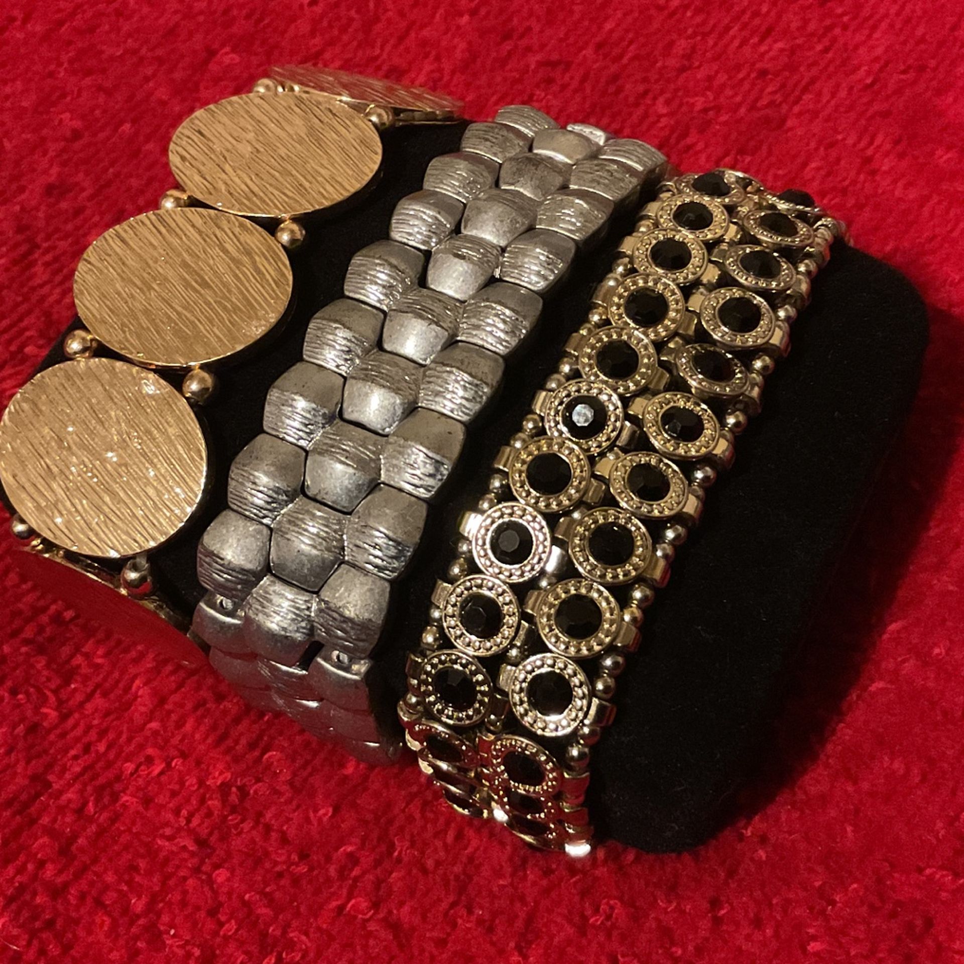 3 Wide Stretch Band Bracelets..Gold,Silver,and Gold & Black