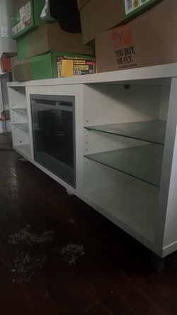 White TV Stand with Glass Door and Shelves