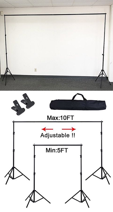 (NEW) $30 Adjustable Backdrop Stand (6.5ft tall x 10ft wide) Photo Photography Background w/ Carry Bag & 2 Clip