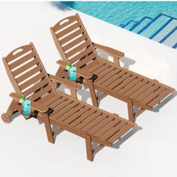 2X Teak color HDPS lounge chairs with cup holder
