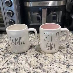 Rae Dunn TRAVEL & Get it Girl Mugs Black Script By Magenta Artisan Collection $5 Each Must pick up
