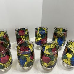 LIBBEY Glass Ice Tea Tumbler Stained Glass Fruit 16 oz Floral Tom Collins Cocktail Collectible -$70